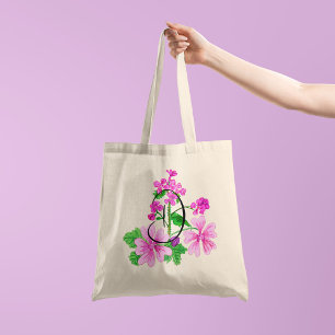 Bolso De Tela Flor de color rosa en acuarela con tu inicial en u