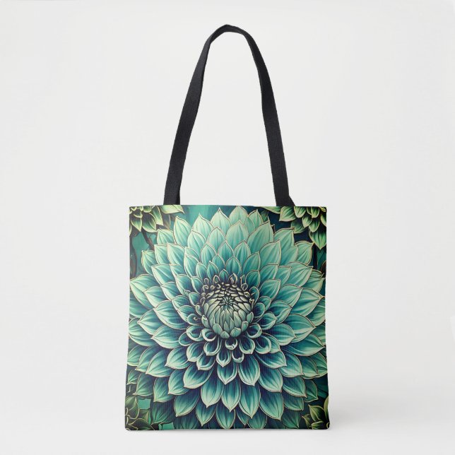 Bolso De Tela Flor de Dahlia en el Verde azulado Aqua Blue Digit (Anverso)