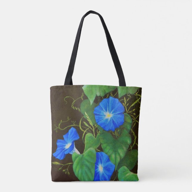 Bolso De Tela Flor de gloria de la mañana azul con vides (Reverso)