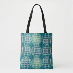 Bolso De Tela Flor de la Vida - patrón de sello - azul cyan