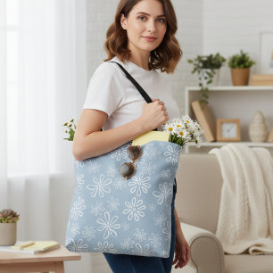 Bolso De Tela Flor de luz azul y floral blanca