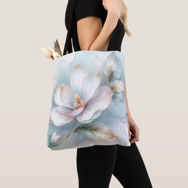 Bolso De Tela Flor De Magnolia Blanca Con Borde Dorado (Detalle)