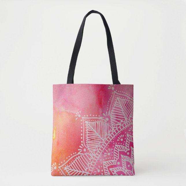 Bolso De Tela Flor de Mandala sobre fondo acuarela - rosa (Anverso)