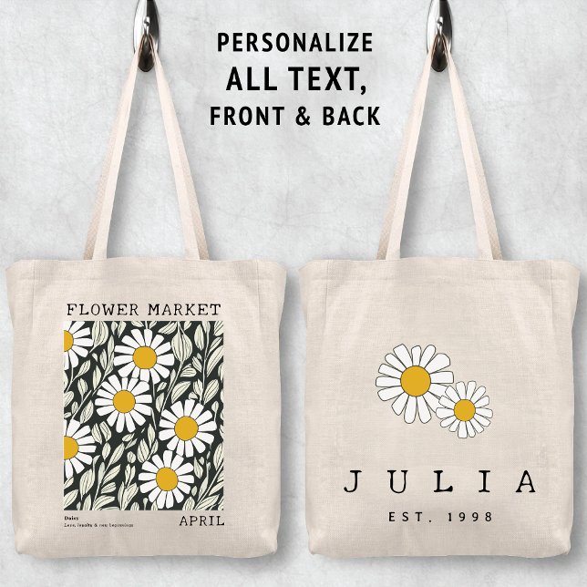 Bolso De Tela Flor de margarita blanca Abril Nombre del mercado  (Personalized April Birth Flower Market Tote Bag, Custom Name Tote, Bachelorette Bridesmaid Gifts )