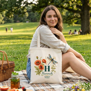 Bolso De Tela Flor de nacimiento de agosto Amapola y libélula
