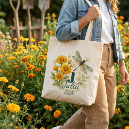 Bolso De Tela Flor de nacimiento de octubre, Caléndula y Libélul
