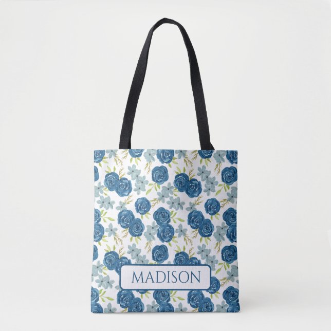 Bolso De Tela flor de rosa azul marino (Anverso)