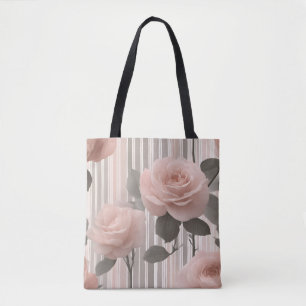 Bolso De Tela Flor de rosa rosa y rayas, aspecto vintage