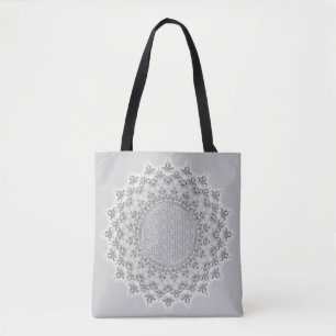 Bolso De Tela Flor de vida - Fractal Mandala gris verde