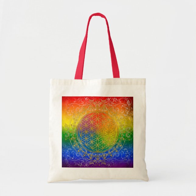 Bolso De Tela Flor de vida - Oro ornamento arcoiris (Frente)