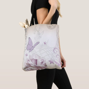 Bolso De Tela Flor de vinagre de lavanda, mariposa, música, cerr