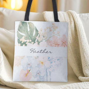 Bolso De Tela Flor Floral Tropical de Acuarela Monogramada