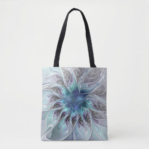 Bolso De Tela Flor Fractal Moderna Con Azul