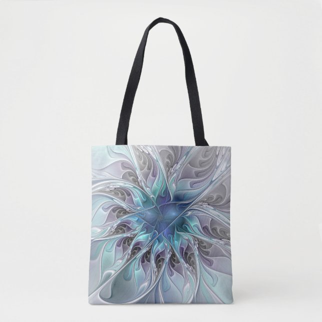 Bolso De Tela Flor Fractal Moderna Con Azul (Anverso)