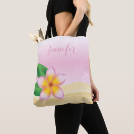 Bolso De Tela Flor Frangipani rosa con nombre personalizado