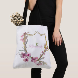 Bolso De Tela Flor inicial de flor de cerezo rosa Monograma