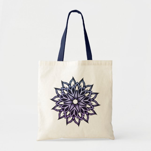 Bolso De Tela Flor Mandala Azul Violeta Floral Arte (Frente)