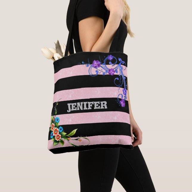 Bolso De Tela flor morada elegante Floral Black Pink Strip (Detalle)