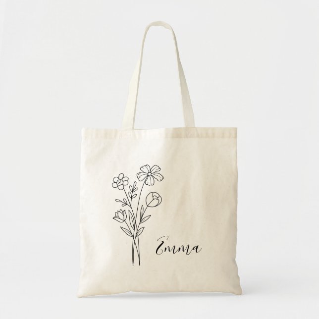 Bolso De Tela Flor personalizada del mes de nacimiento con nombr (Frente)