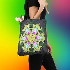 Bolso De Tela Flor psicodélica caleidoscópica amarillo y rosa