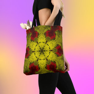 Bolso De Tela Flor psicodélica caleidoscópica roja y amarilla