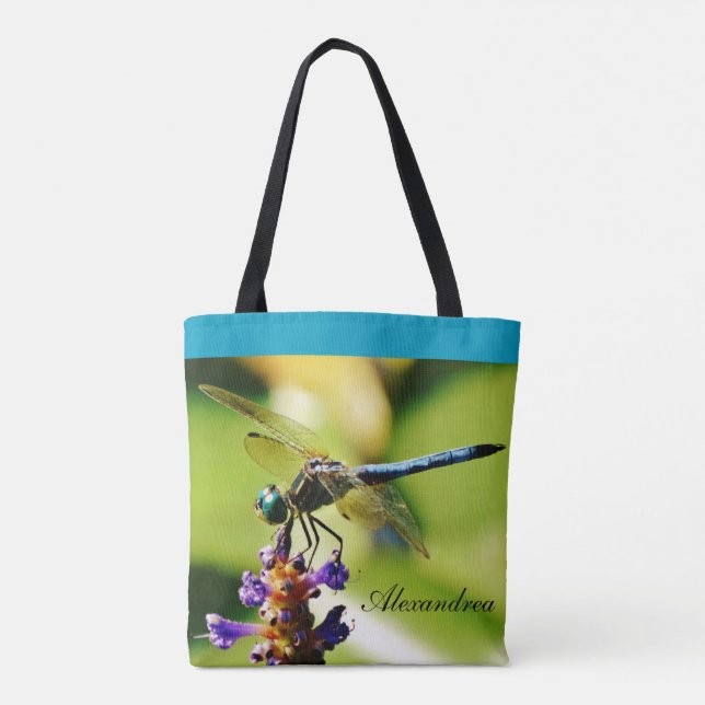 Bolso De Tela Flor púrpura de la libélula azul verde azulada con (Reverso)