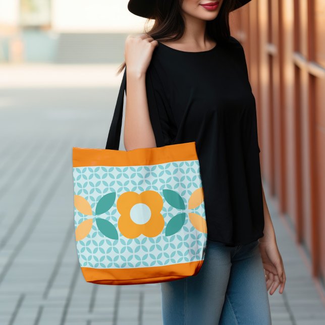 Bolso De Tela Flor retro, Geo Pattern Aqua, Naranja, Verde azula (Subido por el creador)