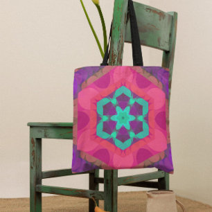 Bolso De Tela Flor retro Mandala azul rosa y púrpura