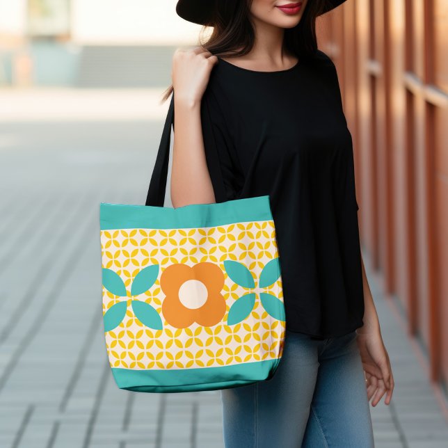 Bolso De Tela Flor retro, Naranja de patrón geográfico, Verde az (Subido por el creador)