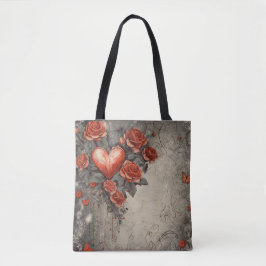 BOLSO DE TELA FLOR ROJA DISTINTA Y CORAZONES DE SAN VALENTÍN