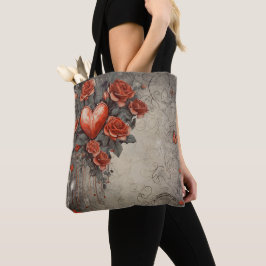 BOLSO DE TELA FLOR ROJA DISTINTA Y CORAZONES DE SAN VALENTÍN