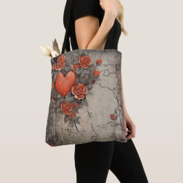 BOLSO DE TELA FLOR ROJA DISTINTA Y CORAZONES DE SAN VALENTÍN