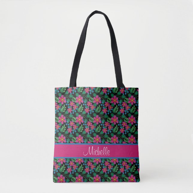 Bolso De Tela Flor rosa caliente Blue Buds Vibrante Foliage (Anverso)