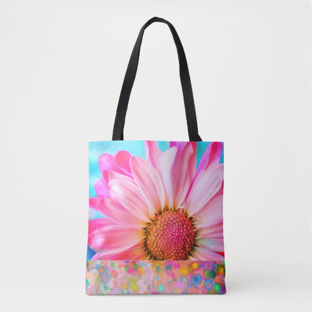 Bolso De Tela Flor rosada de margarita y tote de puntos de polka (Anverso)