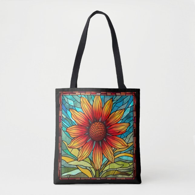 Bolso De Tela Flor silvestre roja y amarilla en vidrio manchado (Anverso)