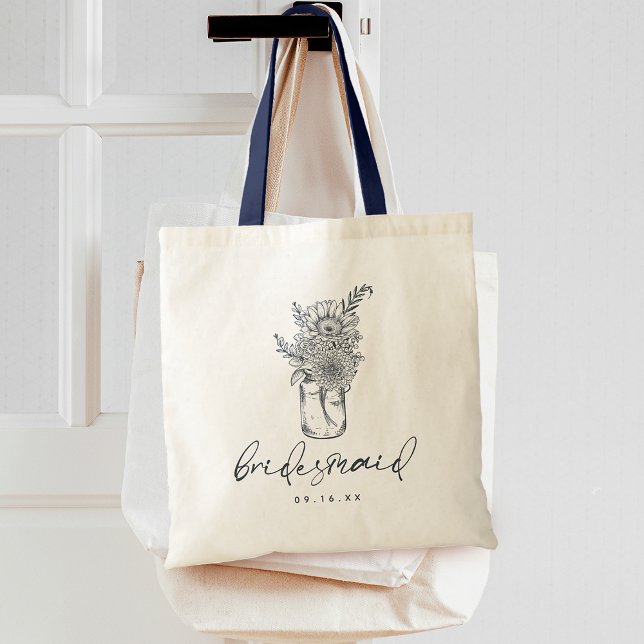 Bolso De Tela Flor silvestre rusa Mason Jar Calligraphy Bridesma (Rustic Wildflower Mason Jar Calligraphy Bridesmaid Tote Bag)
