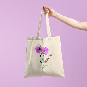 Bolso De Tela Flor violeta acuarela con tu inicial 1 lado