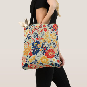 Bolso De Tela Flora vibrante roja, amarilla y azul sobre blanco