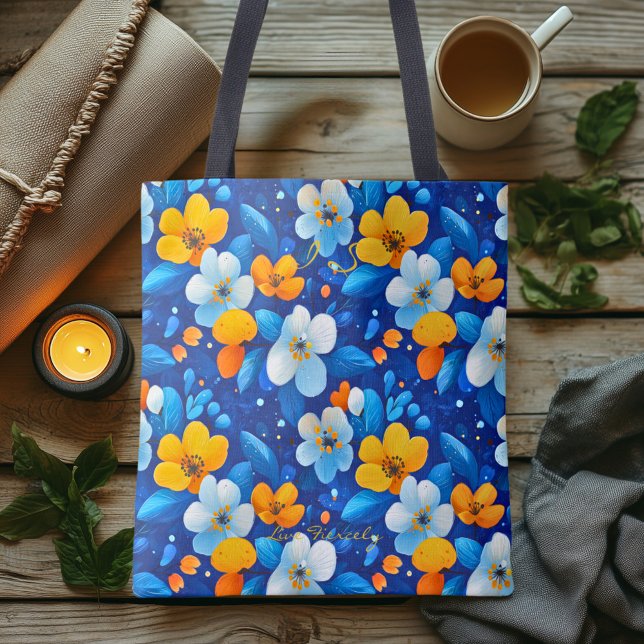 Bolso De Tela Floral azul brillante y amarillo wellness Tote Bag (Subido por el creador)