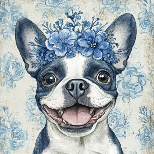 Bolso De Tela Floral azul del perro del Terrier de Boston