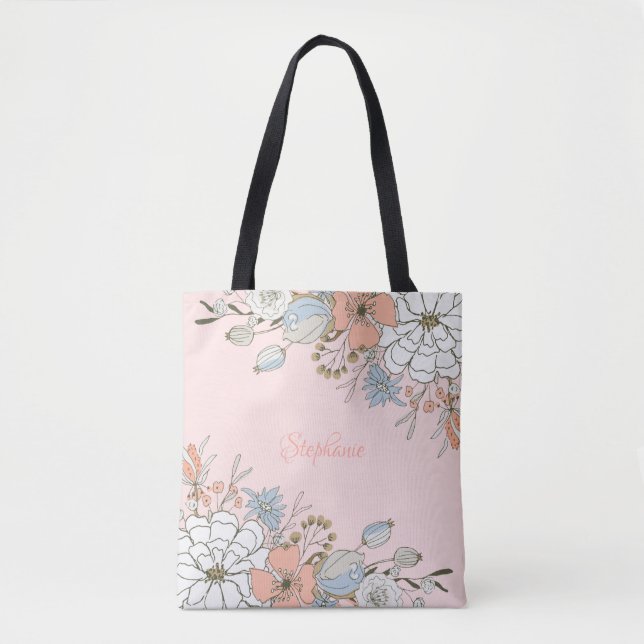Bolso De Tela Floral azul rosa Rubor personalizada (Anverso)