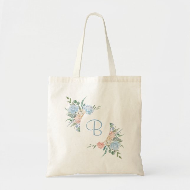 Bolso De Tela Floral azul turbio y rosa rubí personalizada (Frente)