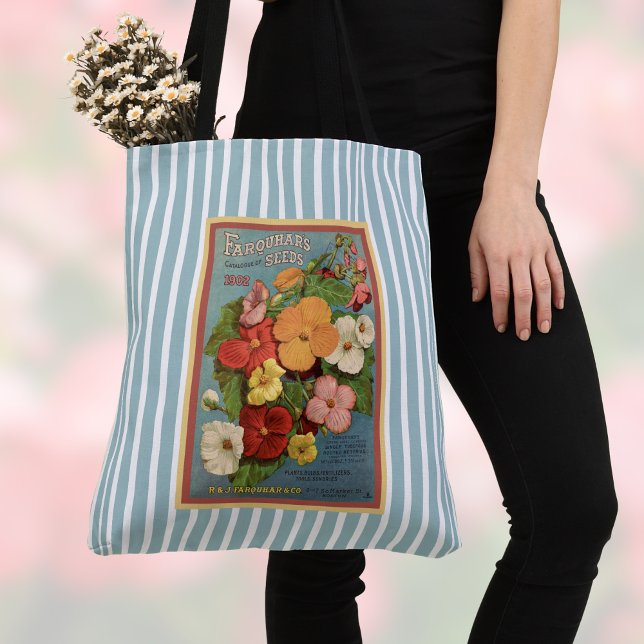 Bolso De Tela Floral Begonias Pink 1902 Seed Packet Blue Stripes (Subido por el creador)