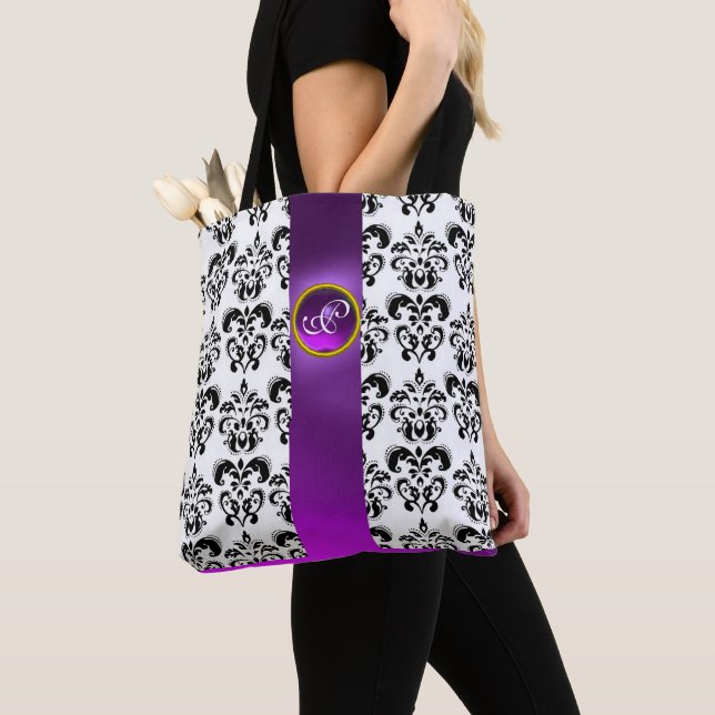 BOLSO DE TELA FLORAL BLANCA NEGRA DE DAMASK, MONOGRAMA GEM PURPL (Detalle)