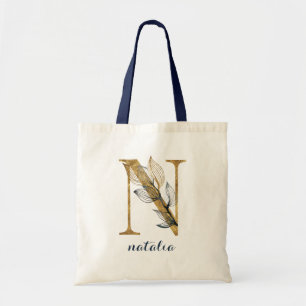 Bolso De Tela Floral Blue Gold Plantas Monograma Letra "N"