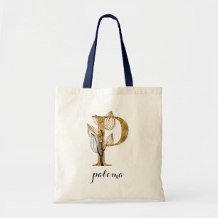 Bolso De Tela Floral Blue Gold Plantas Monograma Letra "P"