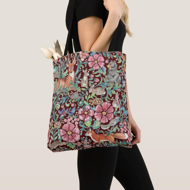 Bolso De Tela Floral borgoña acuarela leña caída animal (Detalle)