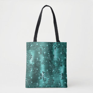 Bolso De Tela Floral Brillante y Glitter Teal con Holografía Ele