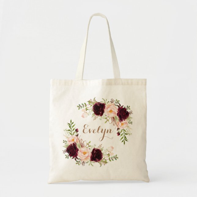Bolso De Tela Floral Burgundy Rubor Greenery Gold Personalizado