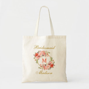 Bolso De Tela Floral Coral Gold Monogram Bridesmaid